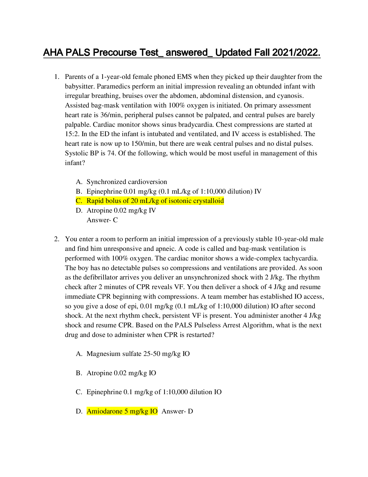 Preview image for AHA PALS Pre-course Test_ answered_ Updated Fall 2025/2026_ Distinction Level Assignment Has everything.